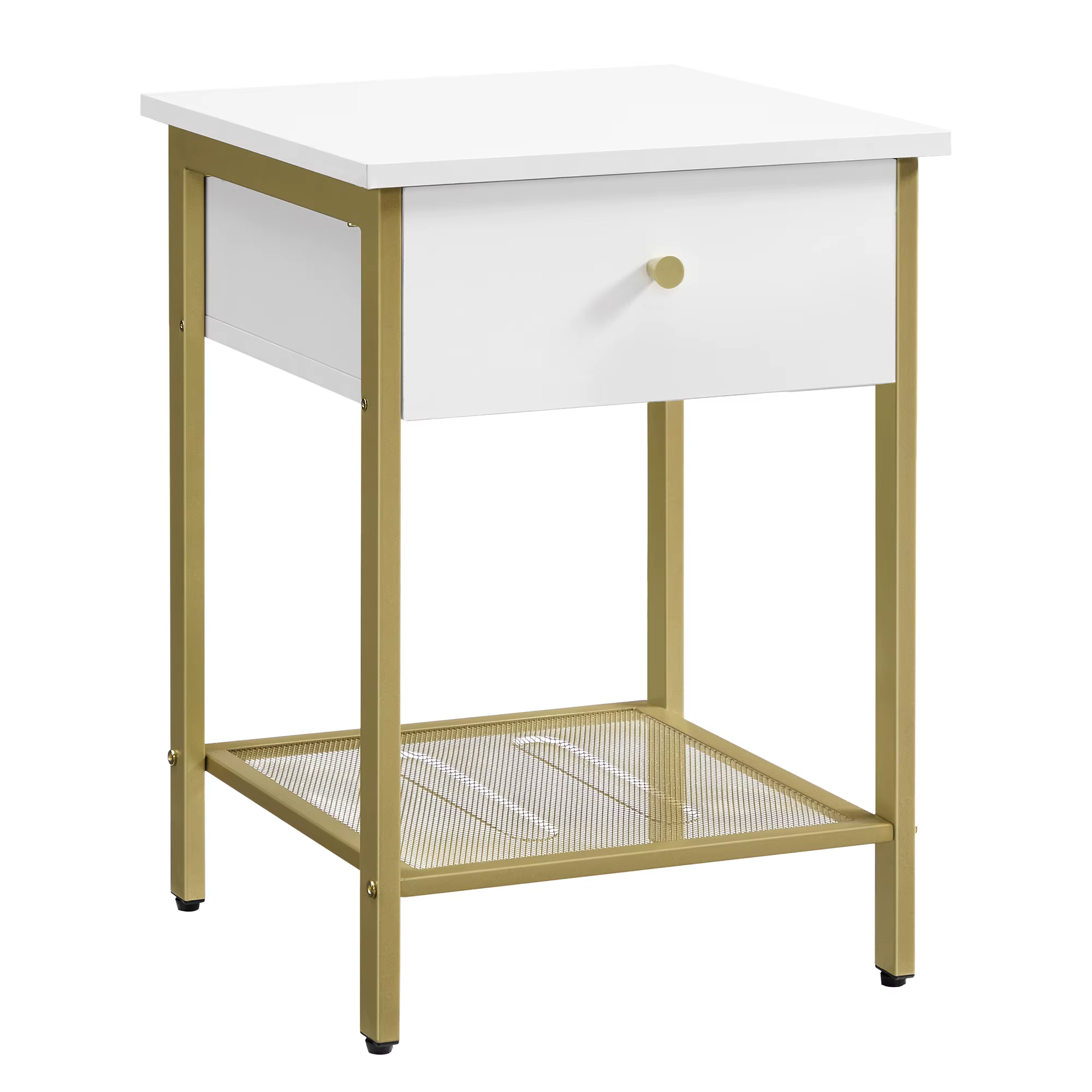 Table de chevet moderne en or blanc avec tiroir, table d'appoint avec étagère en grille pour chambre