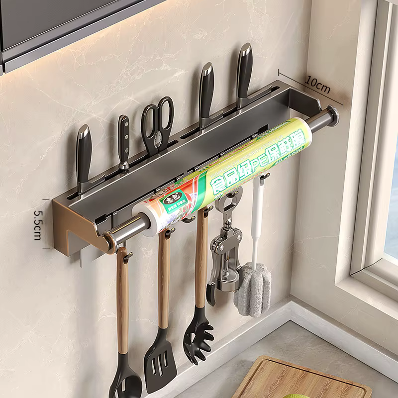 Étagère murale en acier inoxydable pour essuie-tout de cuisine avec crochet, organiseur de rangement