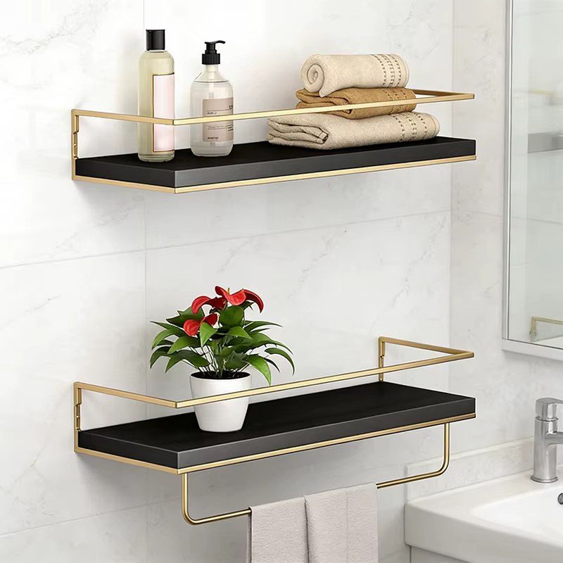 Étagère murale à cadre doré, double couche avec porte-serviettes, étanche, multicolore, pour salle d