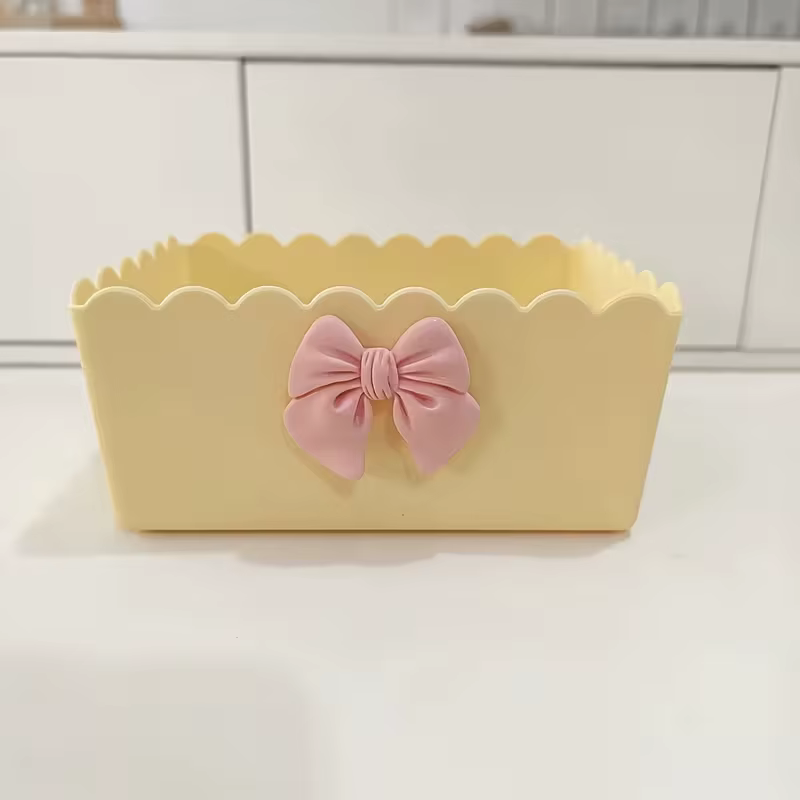 Boîte de rangement de bureau en plastique jaune avec nœud, organiseur de cosmétiques, panier à frian