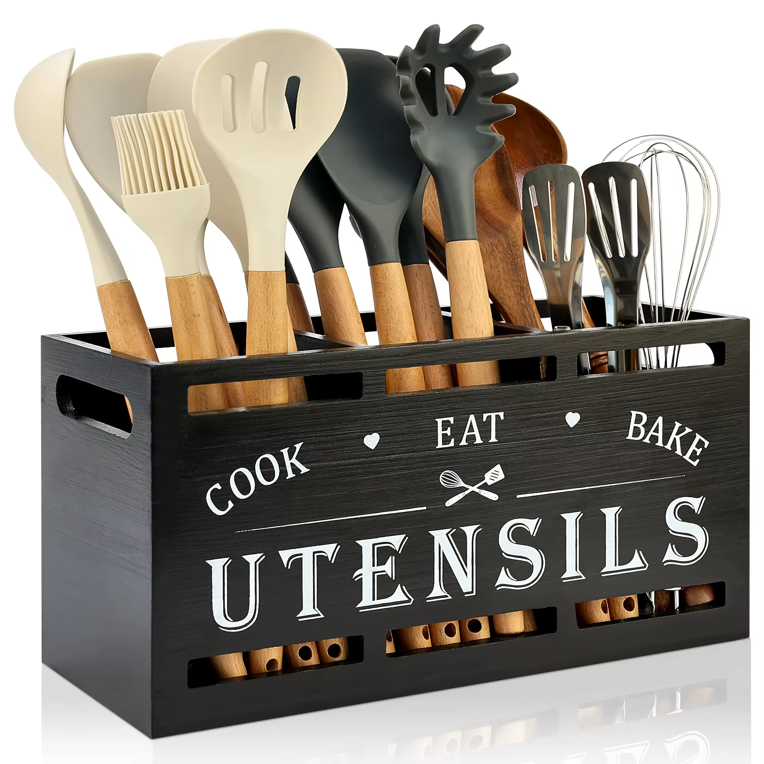 Support à ustensiles de cuisine en bois, organisateur d'ustensiles de comptoir avec 3 compartiments,