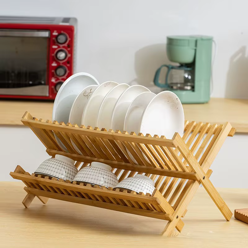 Égouttoir pliable en bambou pour bols et assiettes, support de rangement multifonctionnel, porte-gob