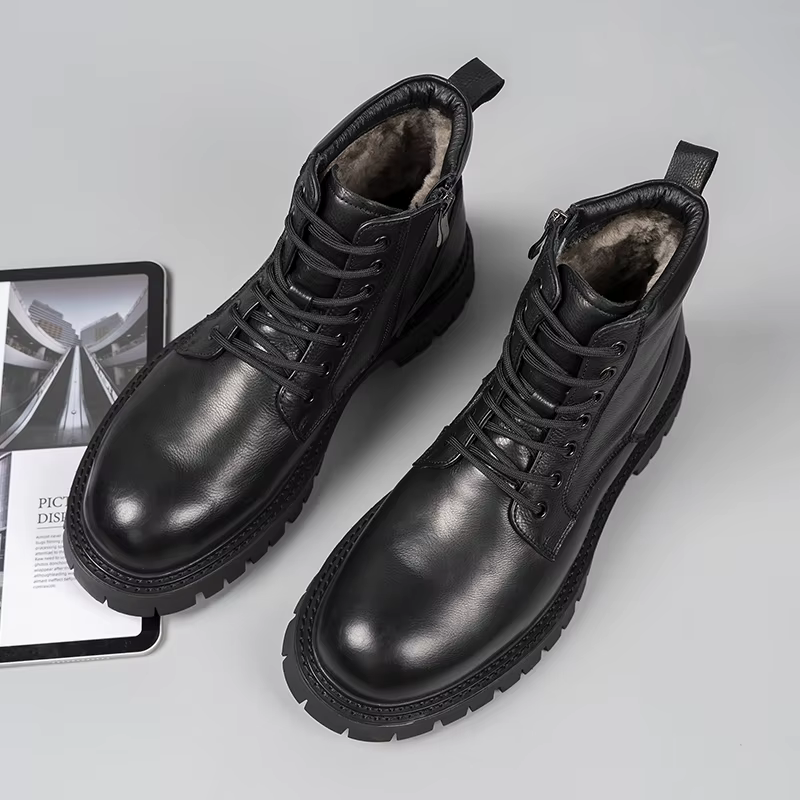 Nouvelles bottes montantes en cuir véritable avec doublure en fourrure pour une chaleur décontractée