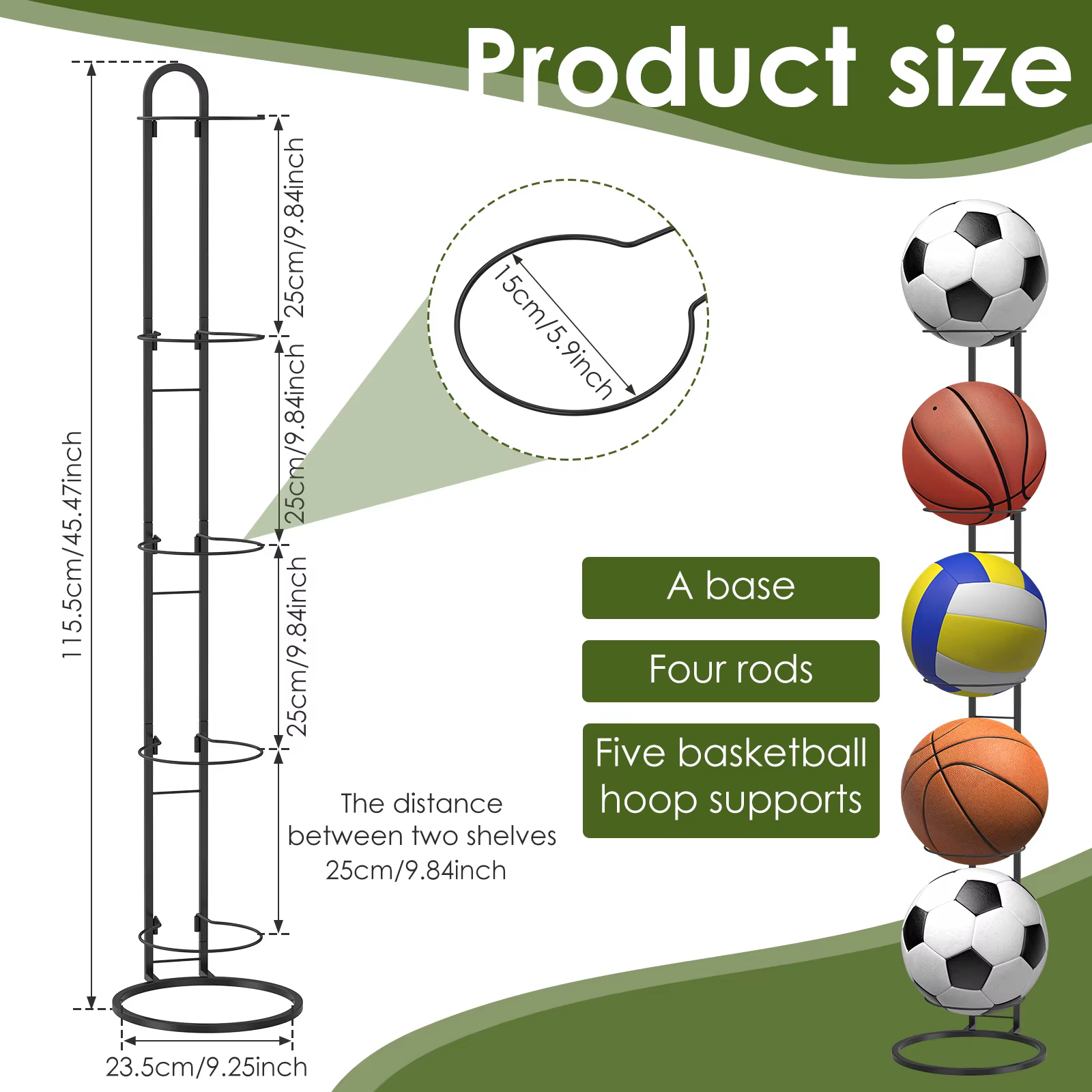 Support de rangement pour ballons de sport à 5 niveaux, en métal, vertical, pour football, volley-ba