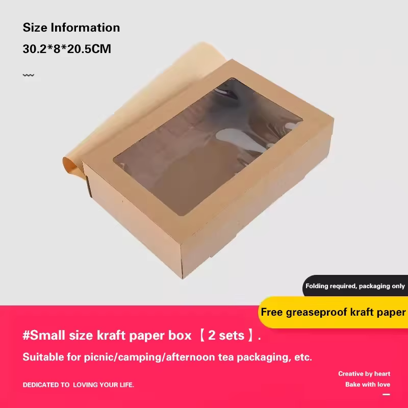 Boîte à lunch en papier kraft avec fenêtres transparentes, pique-nique, dessert, emballage de fruits
