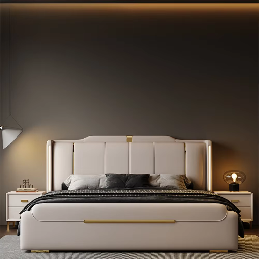 Lit Double Moderne de Luxe Imperméable avec Rangement Multifonctionnel, Meuble Élégant pour Chambre 