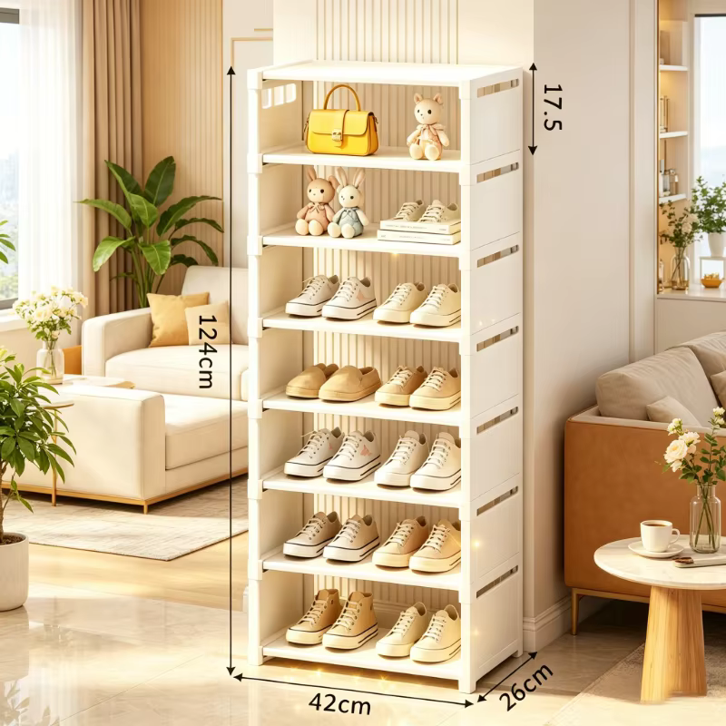 Étagère à chaussures blanche à 8 niveaux, élargie et peu encombrante, avec structure métallique et s