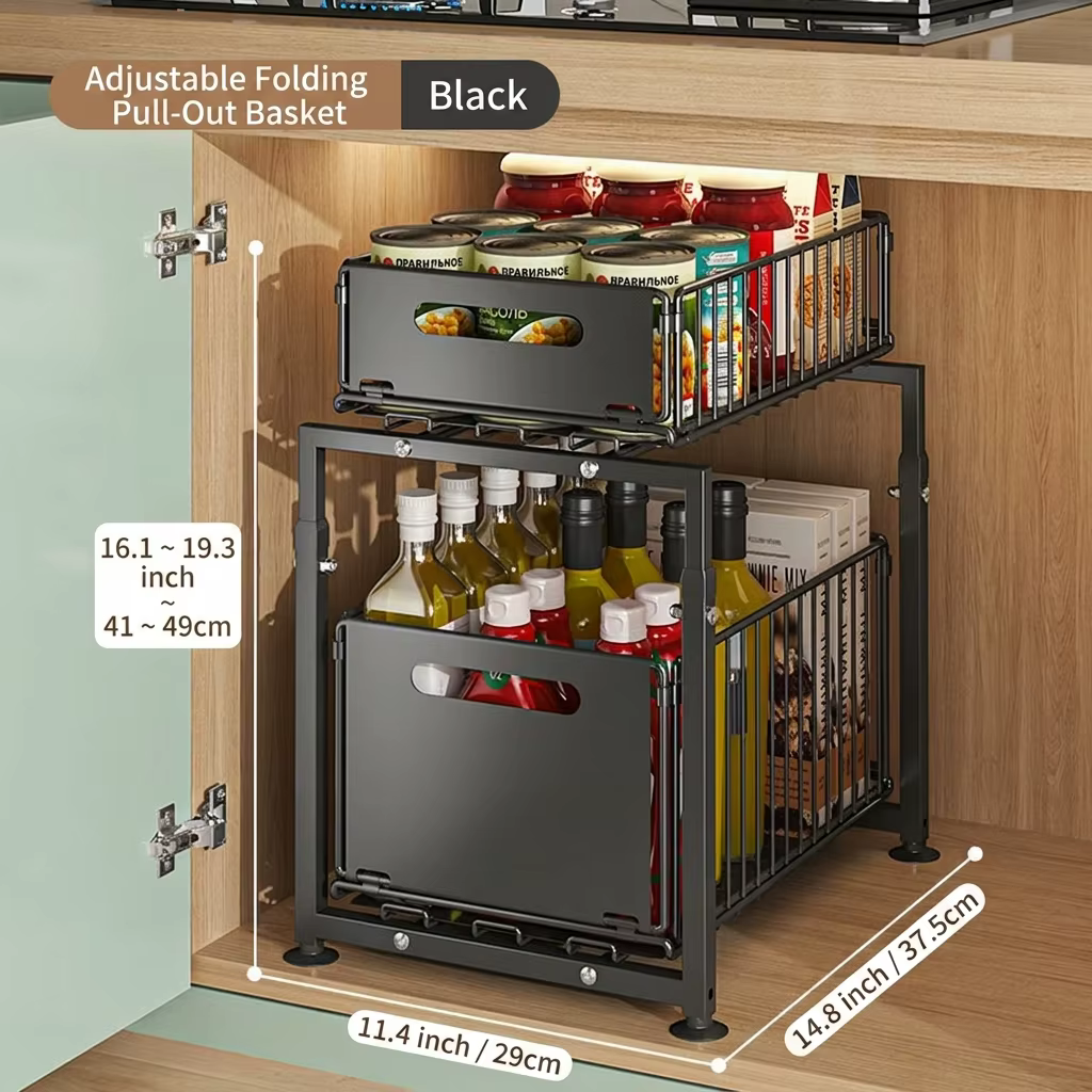 Étagère coulissante à hauteur réglable pour armoire de cuisine, organiseur sous évier à 2 niveaux av