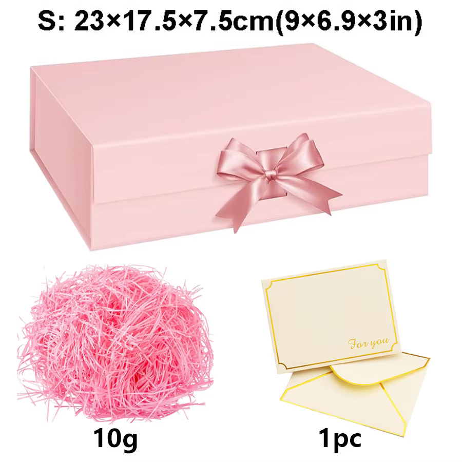 Coffret cadeau à fermeture magnétique rose/noir, avec enveloppes en raphia dorées, bijoux d'annivers