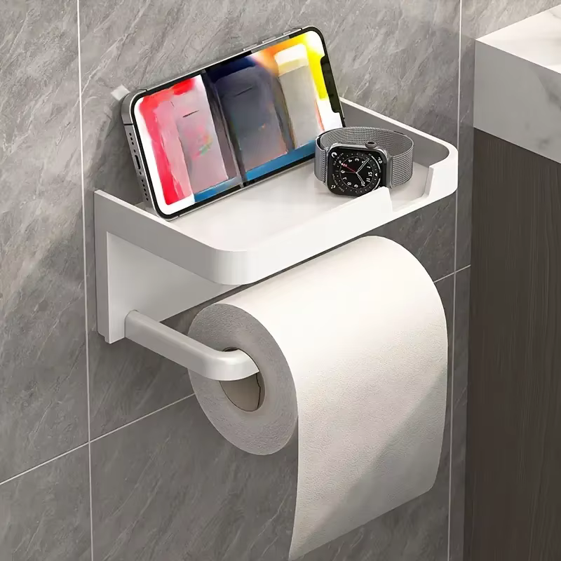 Porte-papier hygiénique mural sans perçage, étagère et support de téléphone, matériau polypropylène,