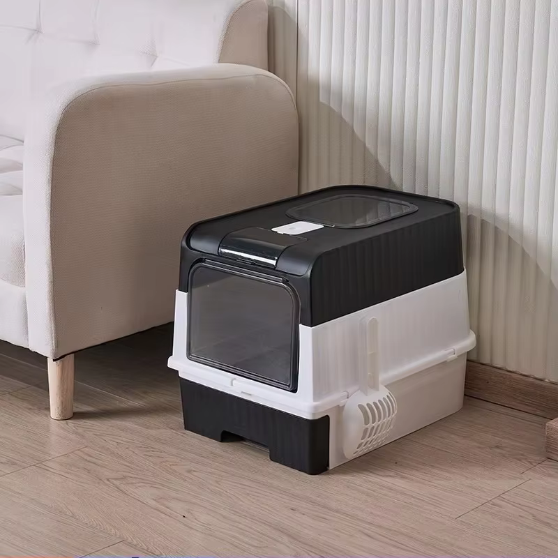 Grande litière pour chat pliable et fermée avec couvercle, entrée frontale, sortie supérieure, anti-