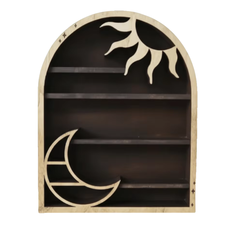 Étagère de rangement en bois, design soleil croissant, style bohème, étagère à cristaux, design lune