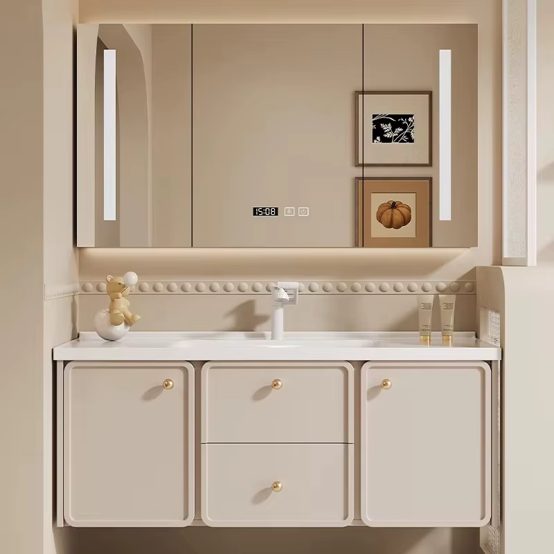 Meuble de salle de bain intégré de style crème moderne avec peinture au chêne, lavabo intelligent, l