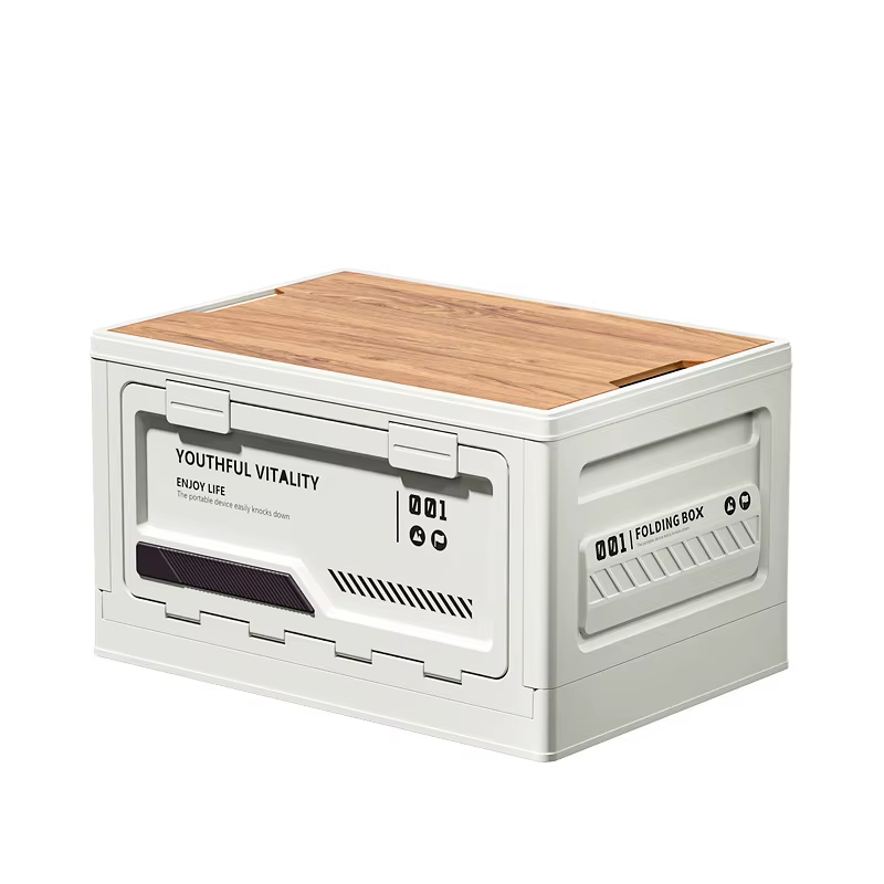 Boîte de rangement pliable imperméable de grande capacité avec couvercle en bois et plastique pour l