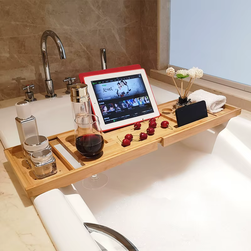 Étagère de bain en bambou - Étagère de rangement télescopique et réglable en bois pour salle de bain