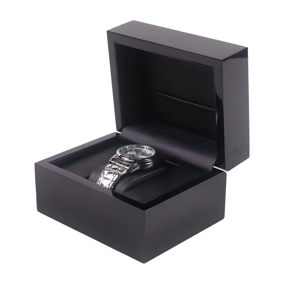 Boîte de montre unique en laque noire brillante, boîtier d'emballage de montre en bois, boîte de mon