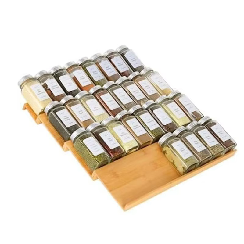 Organisateur de tiroir pour épices en bambou - Rangement réglable multi-niveaux pour comptoir de cui
