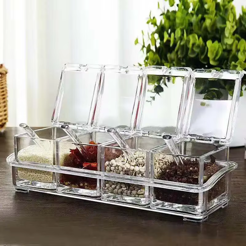 Boîte d'assaisonnement transparente à quatre compartiments avec couvercle de cuillère et Base de ran