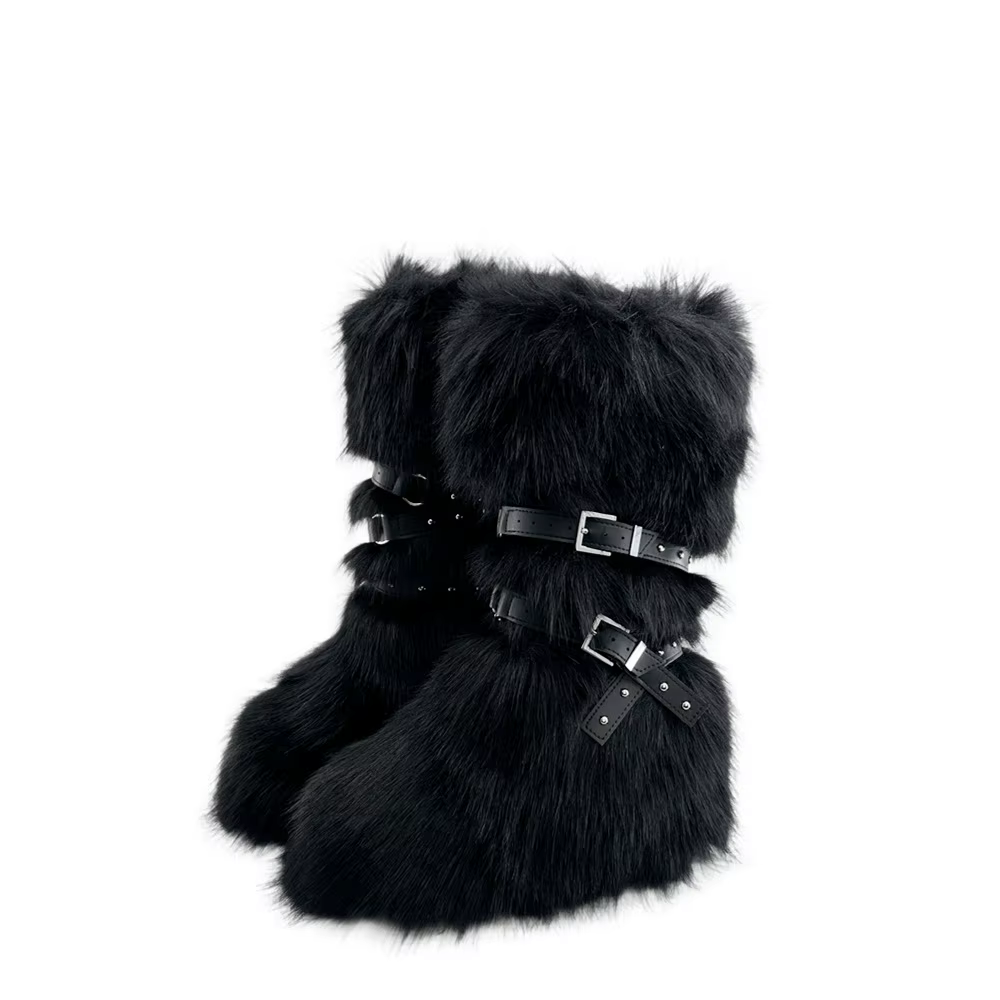 Faux fourrure genou-haute botte bout rond hauteur augmentant sauvage hiver plus chaud boucle de cein