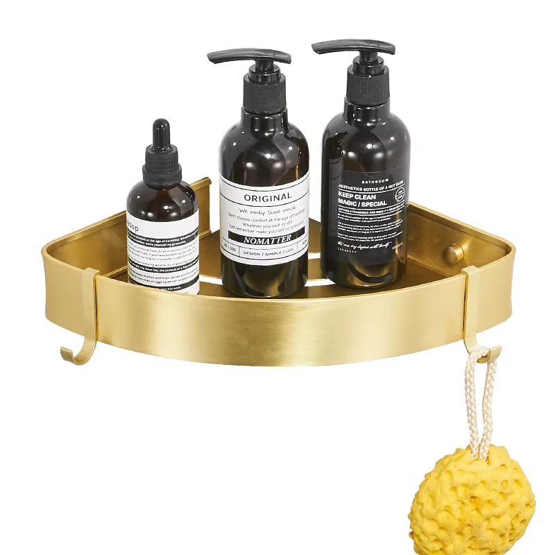 Étagère d'angle de salle de bain en métal doré brossé, étagère murale de rangement, perçage, grande 