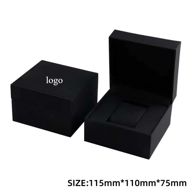 Boîte de rangement de montre à clapet carré en cuir PU noir mat, fournit un Service de Logo imprimé 