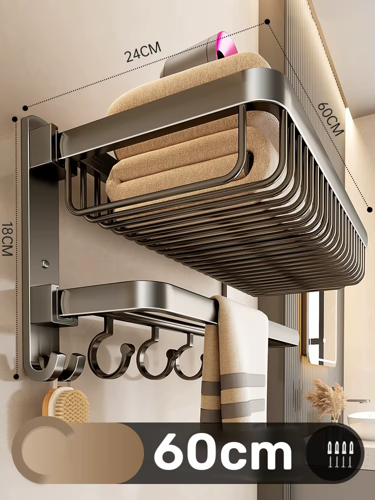 Étagère à serviettes en aluminium, 60-70cm de long, HOStorage T1, Double porte-serviettes pliant, Ev