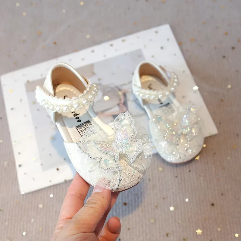 Chaussures plates pour filles, pour fête de mariage, paillettes scintillantes avec strass papillon, 