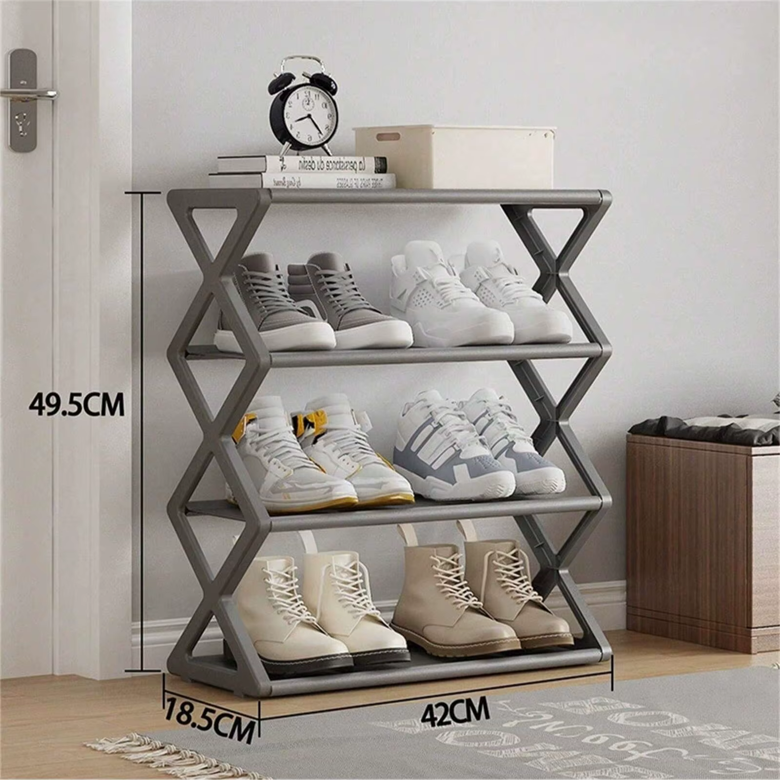 Étagère à chaussures empilable à 4 couches, étagère de rangement en tissu extensible et réglable