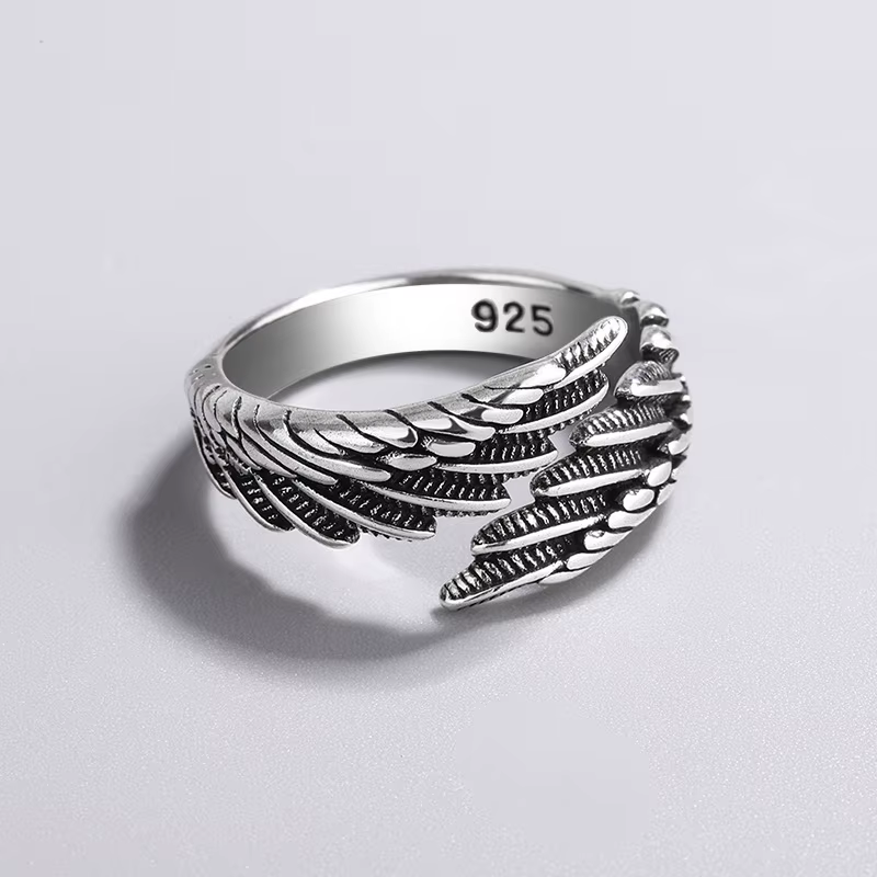 Bagues réglables en argent Sterling 925 pour femmes, ailes d'ange, plumes, fiançailles, mariage, bij