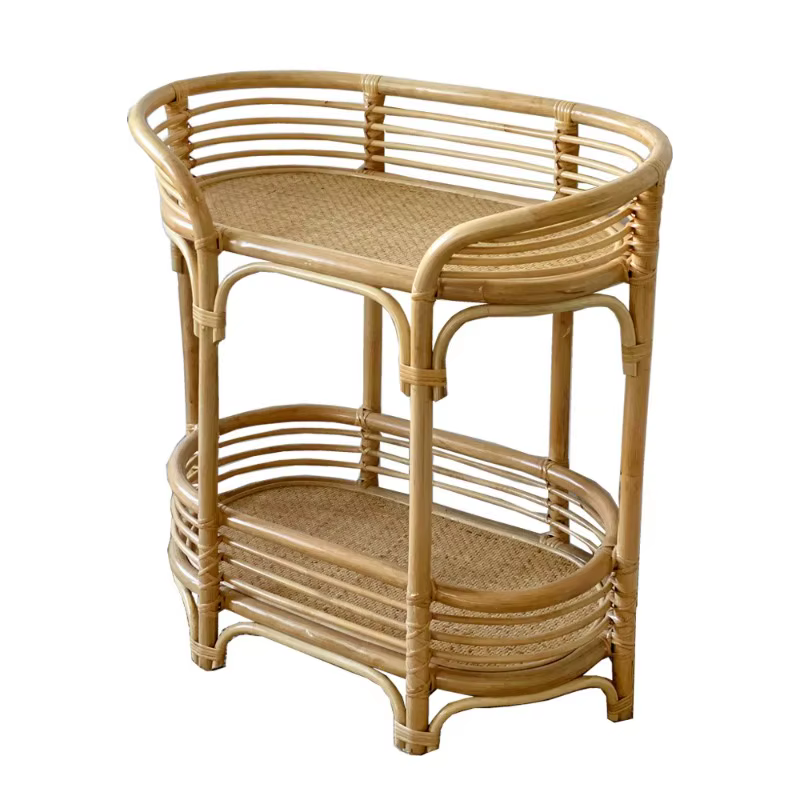 Étagère à plantes multi-niveaux en rotin naturel tressé rétro, chariot de rangement double couche po