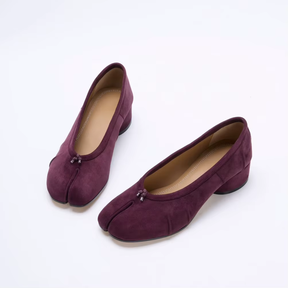 Chaussures Tabi à talons pour femmes, élégantes, en cuir plissé violet, escarpins à talon moyen, pri