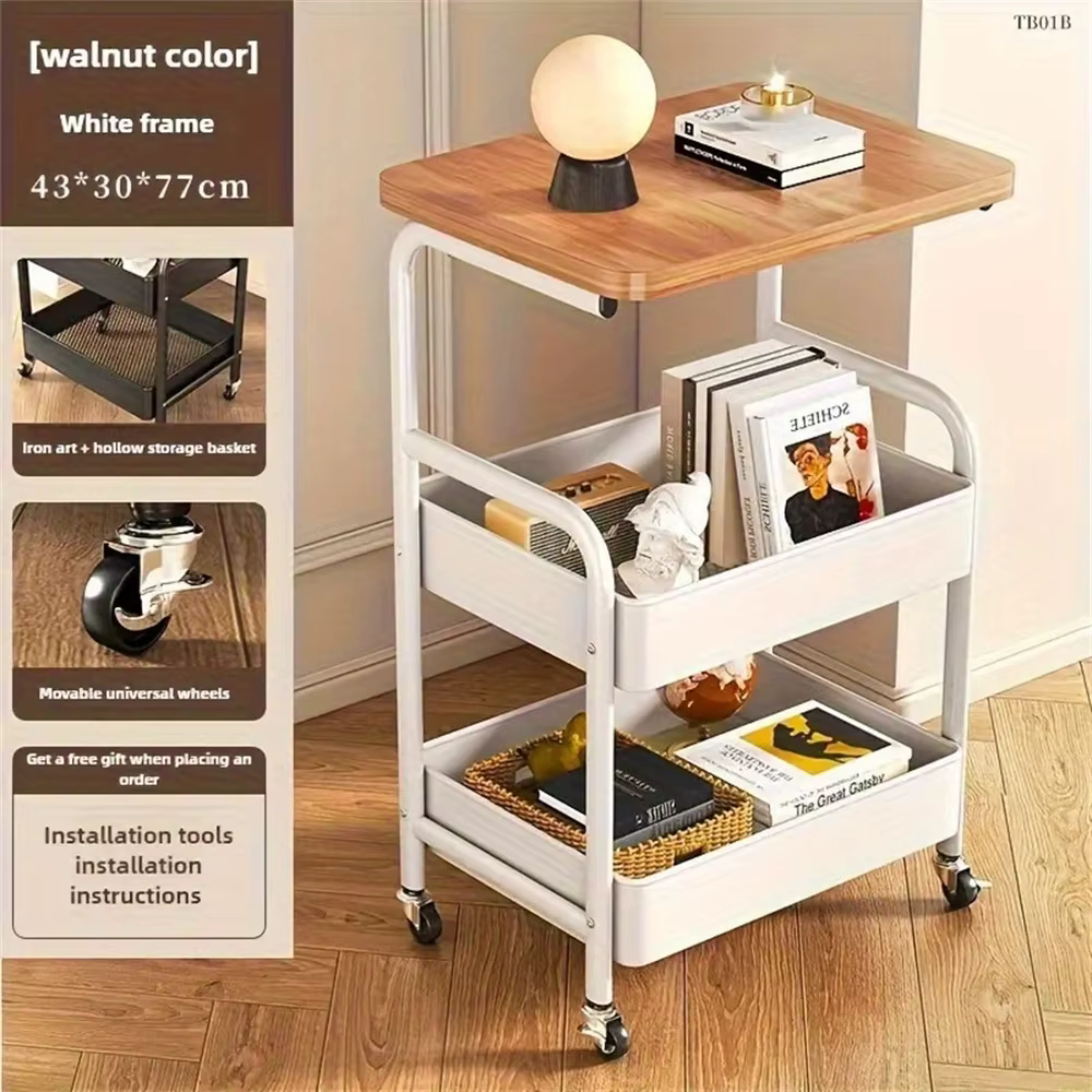Étagère de rangement mobile à 3 niveaux avec plateau en bois massif, étagère de cuisine en acier au 