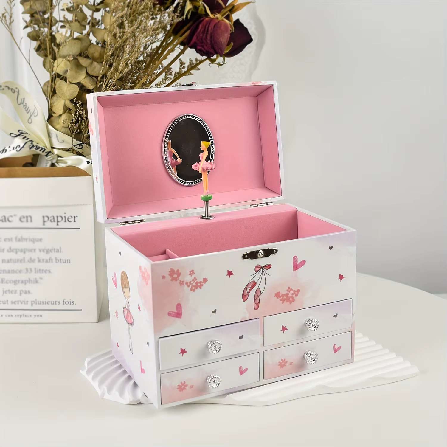 Boîte de rangement pour musique, boîte carrée à trois niveaux multi-compartiments avec quatre tiroir