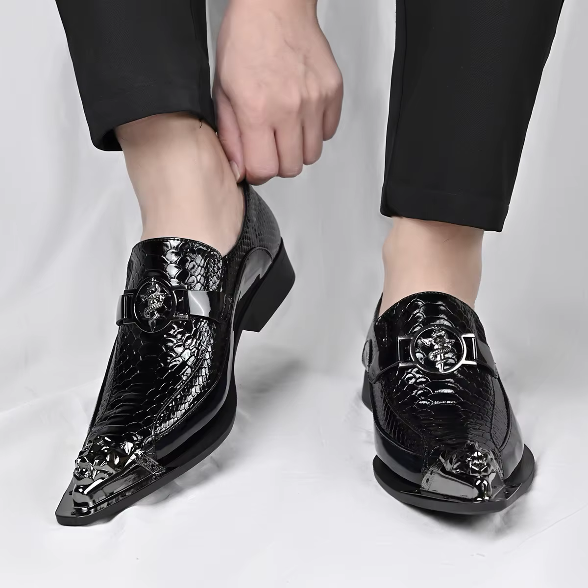 Chaussures à bout pointu pour homme, mocassins de marque originale en cuir verni, chaussures habillé