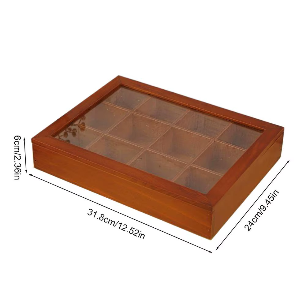 Organisateur de sachets de thé à 12 compartiments, boîte en bois avec couvercle transparent pour la 