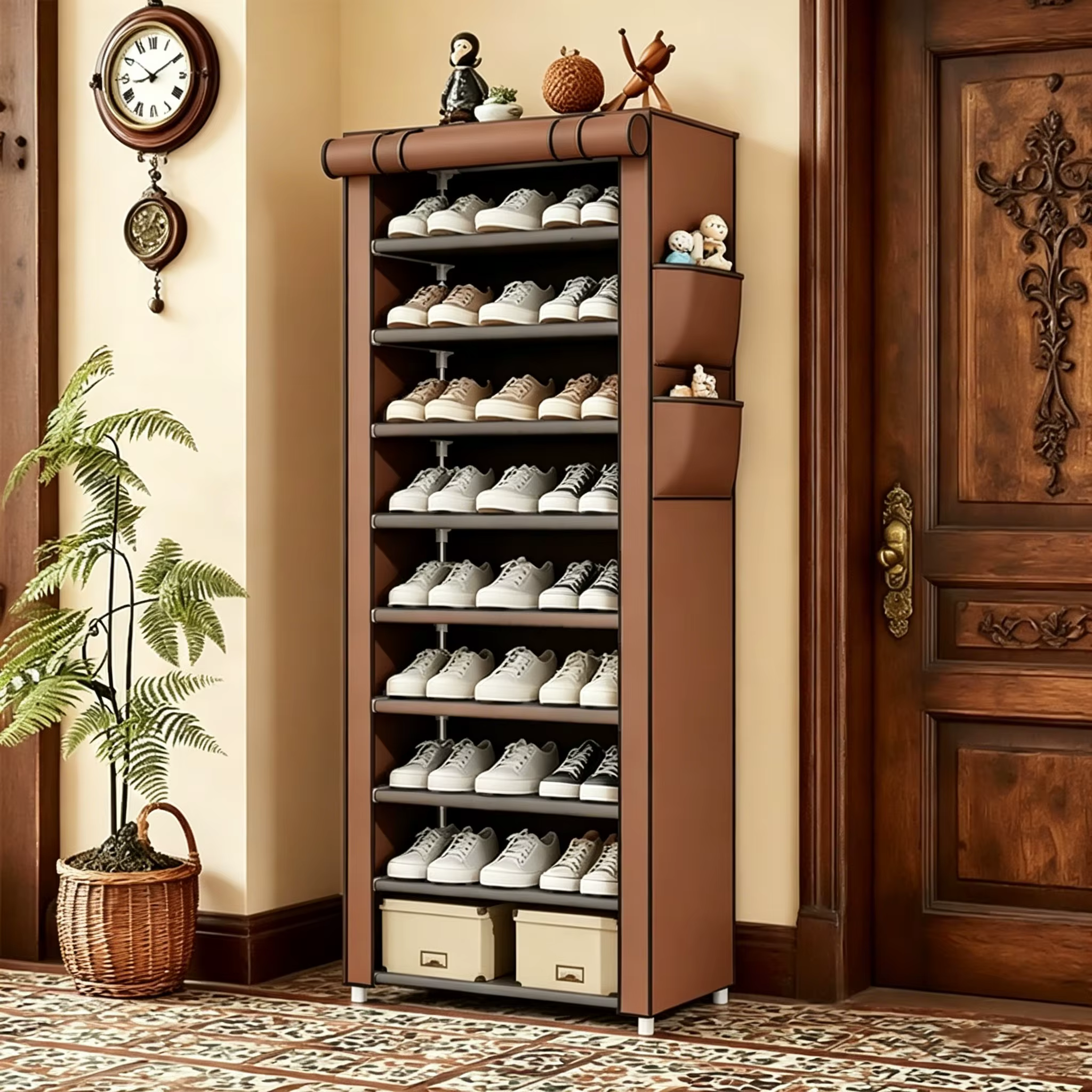 Meuble à chaussures à 9 niveaux avec housse anti-poussière, meuble à chaussures multifonctionnel pou