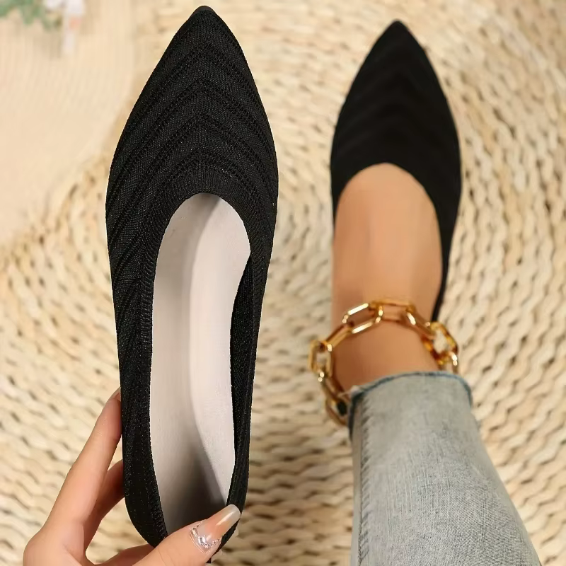 Chaussures pour femmes bout pointu chaussures plates couleur unie tricoté femmes mocassins respirant