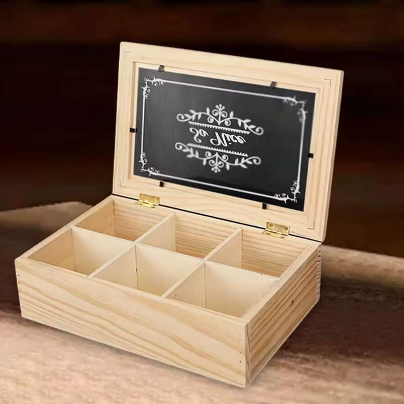 Boîte à thé en bois à 6 grilles, boîte de rangement de thé multifonctionnelle avec couvercle, suppor