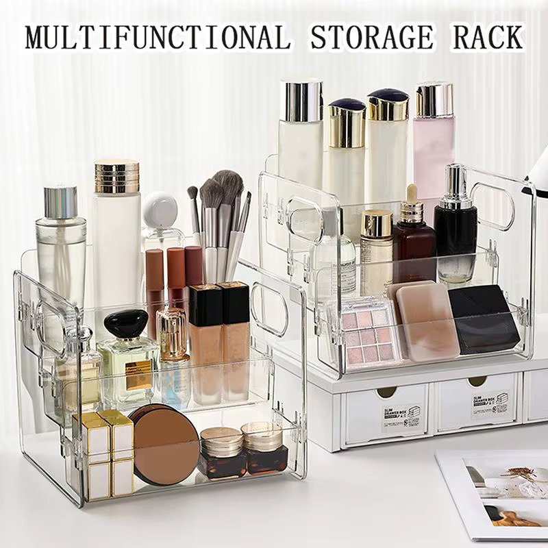 Étagère de rangement transparente à trois niveaux, multifonctionnelle, avec poignée portable, organi