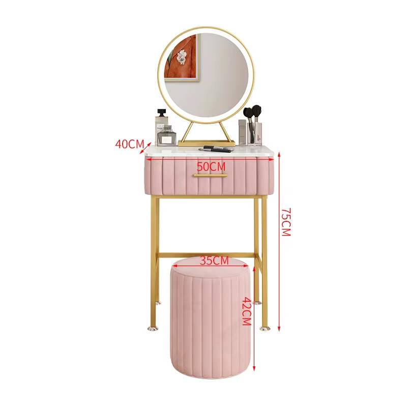 Coiffeuse de rangement de bijoux nordique pour filles, tiroirs dorés, miroir léger, coiffeuse de cha