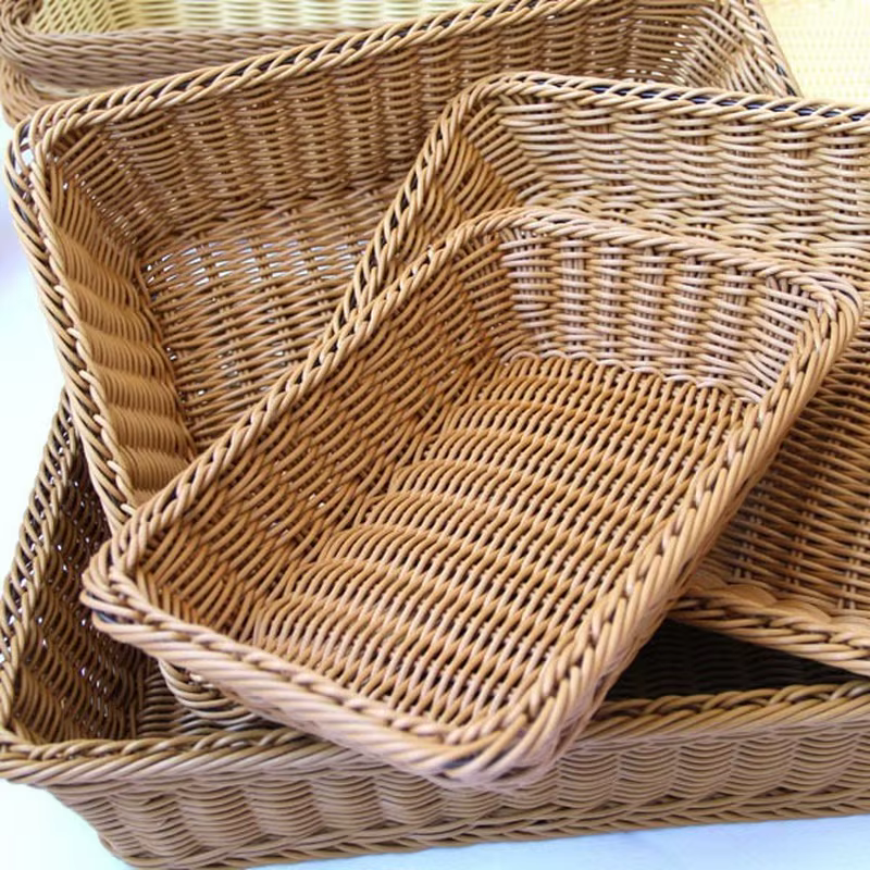 Panier en osier Imitation rotin tissé à la main, boîte de rangement rectangulaire, panier à pain pou