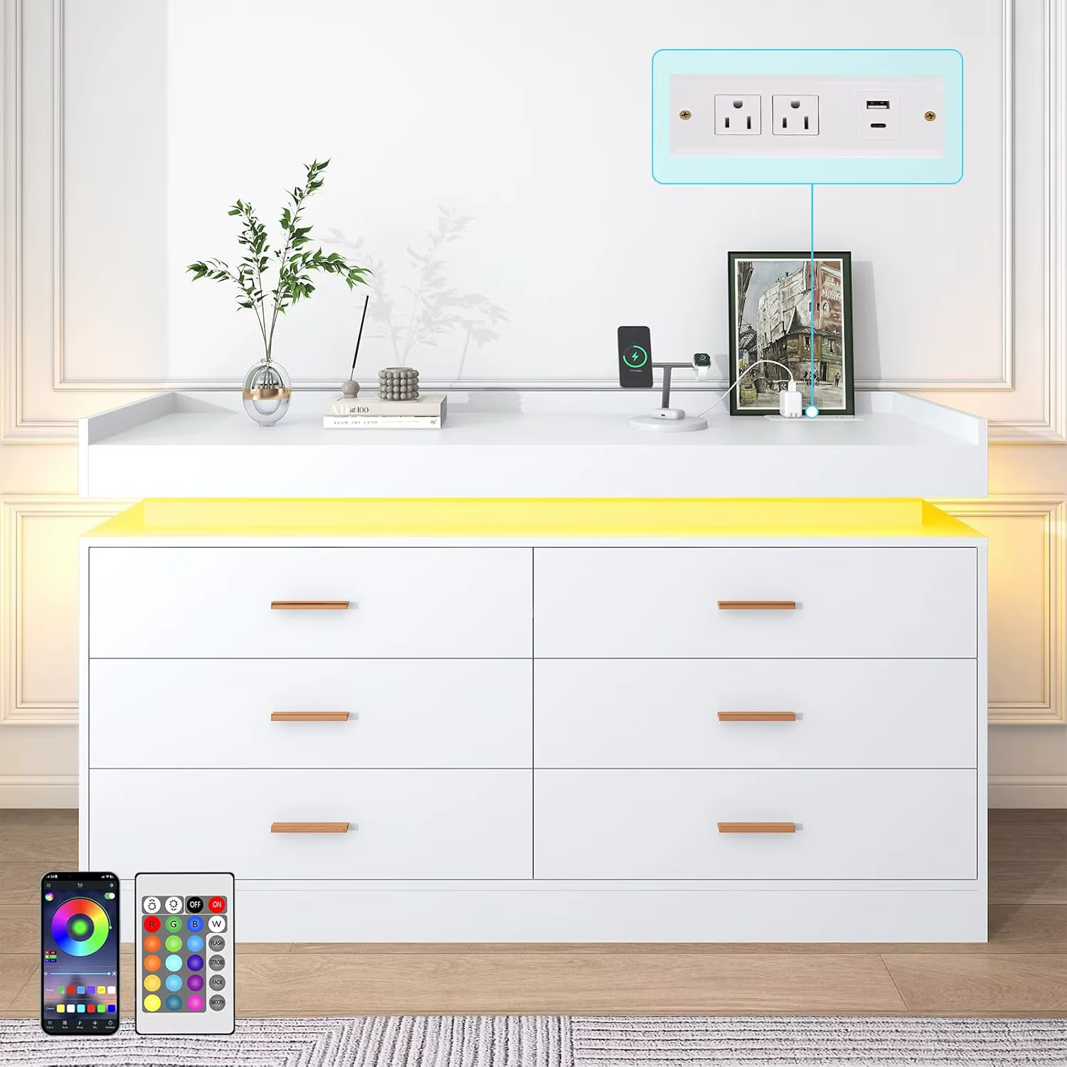 Commode à 6 tiroirs avec station de charge et lumières LED, commode moderne avec prise de courant, a