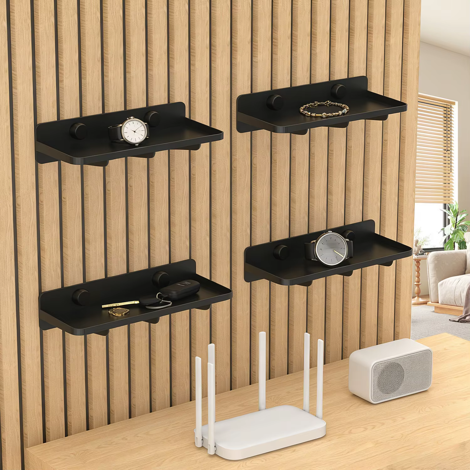 Étagère murale à lattes pour espacement de 13 mm, petit plateau compatible avec panneau acoustique, 