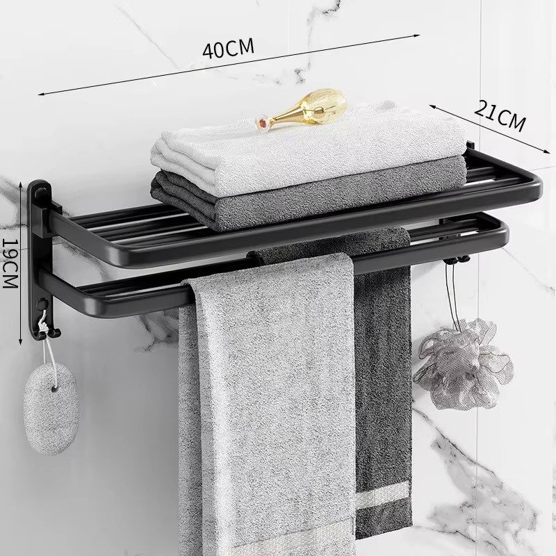 Porte-serviettes mural en aluminium noir, 40-60CM, accessoires de salle de bains, organisateur pliab