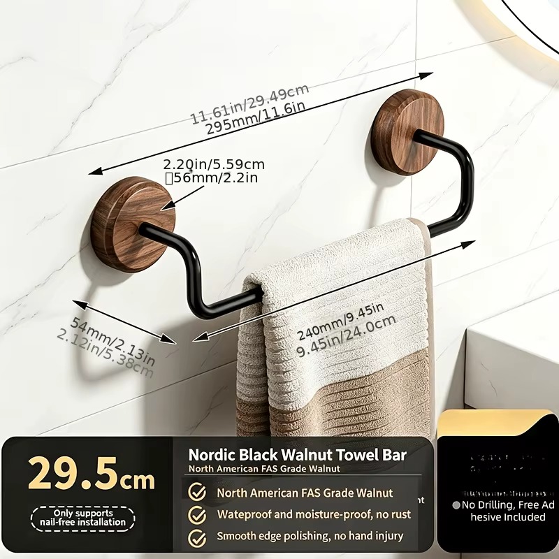 Étagère murale multifonctionnelle pour serviettes, porte-serviettes en bois de noyer et acier carbon