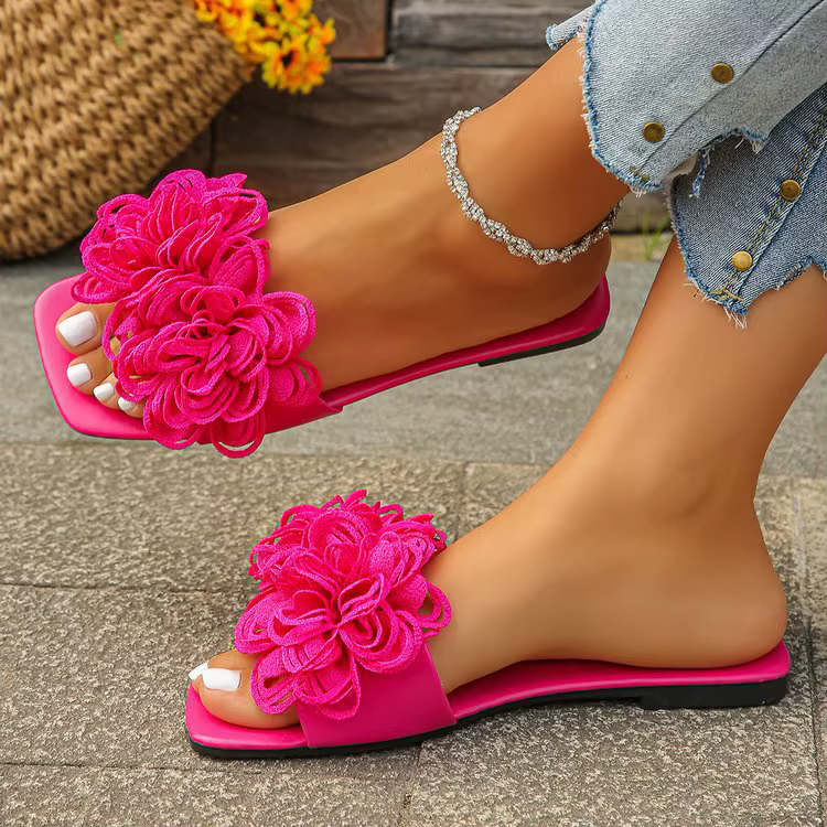 Crochet fleur glisser sandales femme été rose bleu Floral Mule pantoufles dames arc-en-ciel couleur 