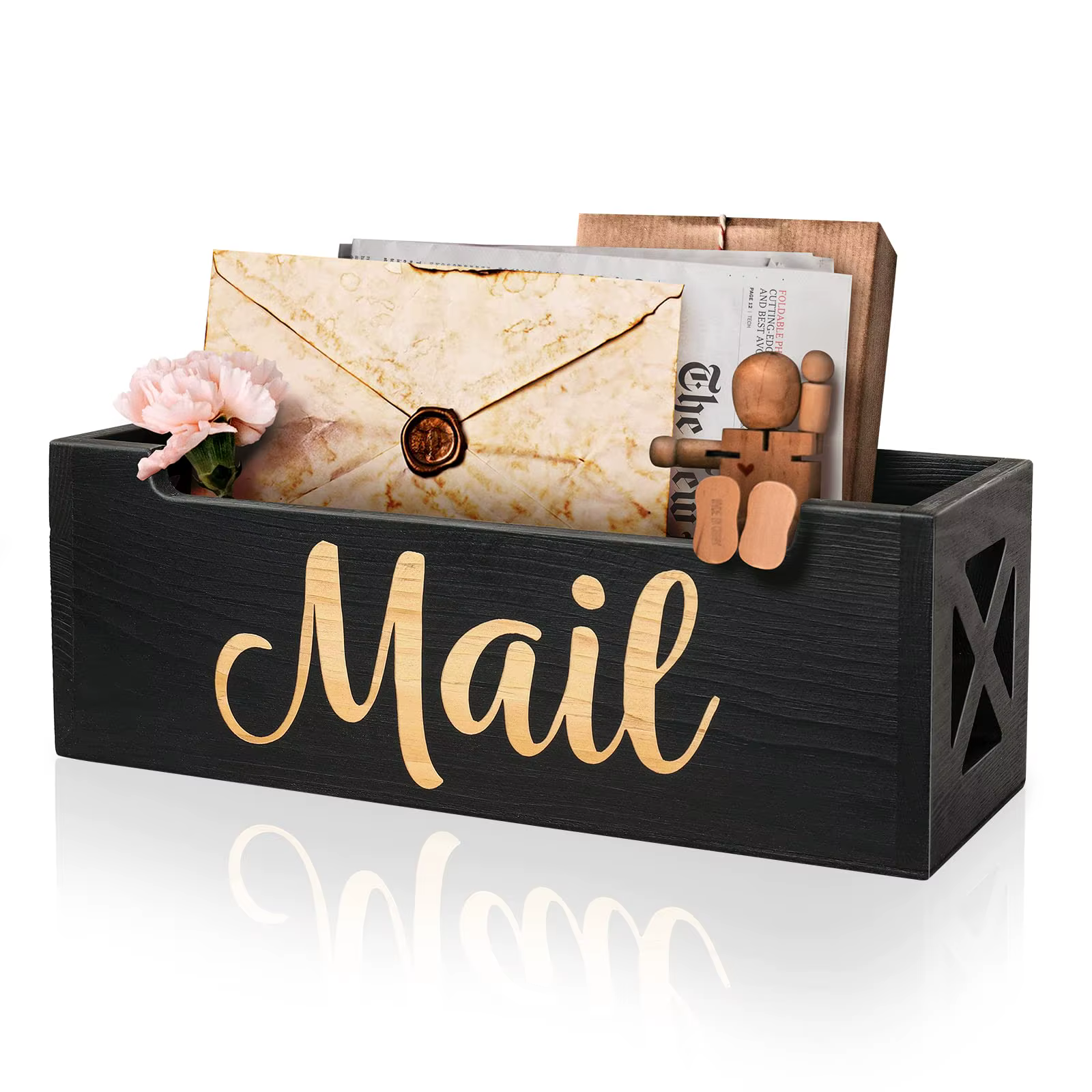 Organisateur de courrier en bois massif - Panier à enveloppes rustique pour bureau, boîte aux lettre
