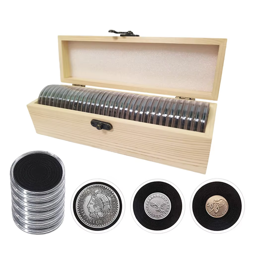 Boîte à monnaie en bois 33 pièces, capsules de pièces de monnaie de 46mm avec joints en mousse noire