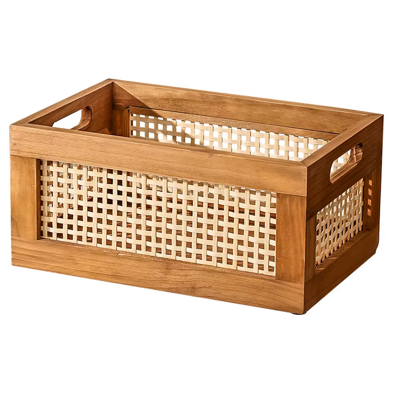 Boîte de rangement en bois massif pour cuisine, panier rétro en rotin, organisateur de livres, de co