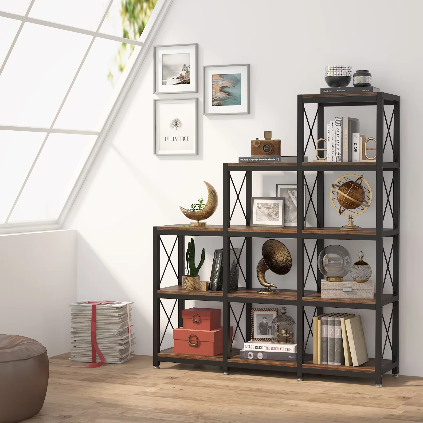 Tribesigns-Bibliothèque d'Angle à Échelle Industrielle, Bibliothèque Étagée, 12 Étagères, 9 Cubes